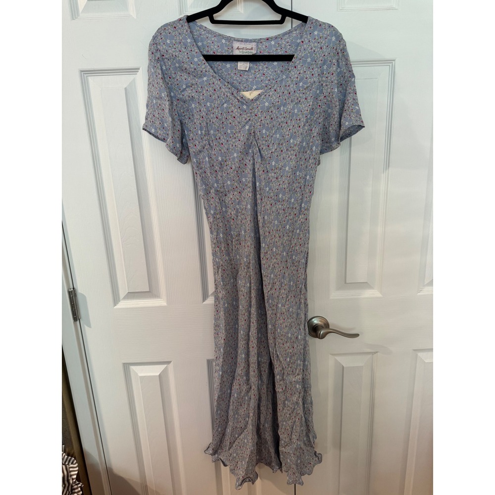 April Cornell Blue Ditsy Floral Rayon Maxi Dress V-Neck Short Sleeve Large NWT!